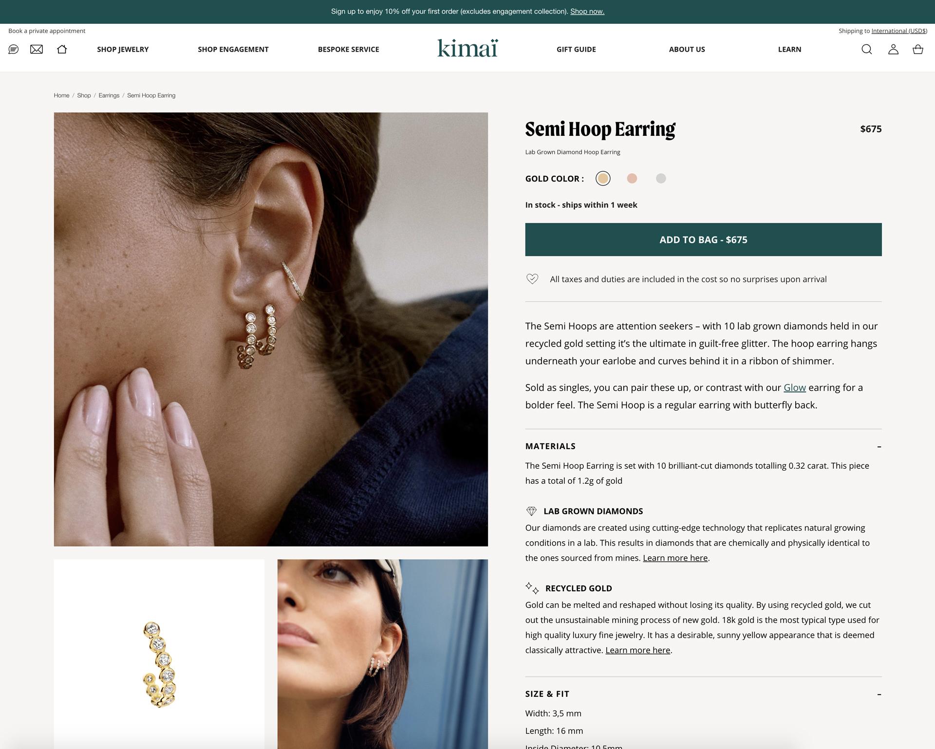 A Kimai product page for the Semi Hoop Earring, with gold color options and materials details