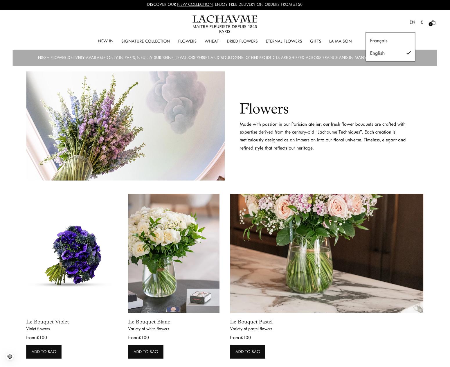 The Lachaume flowers listing page, with the language switcher open