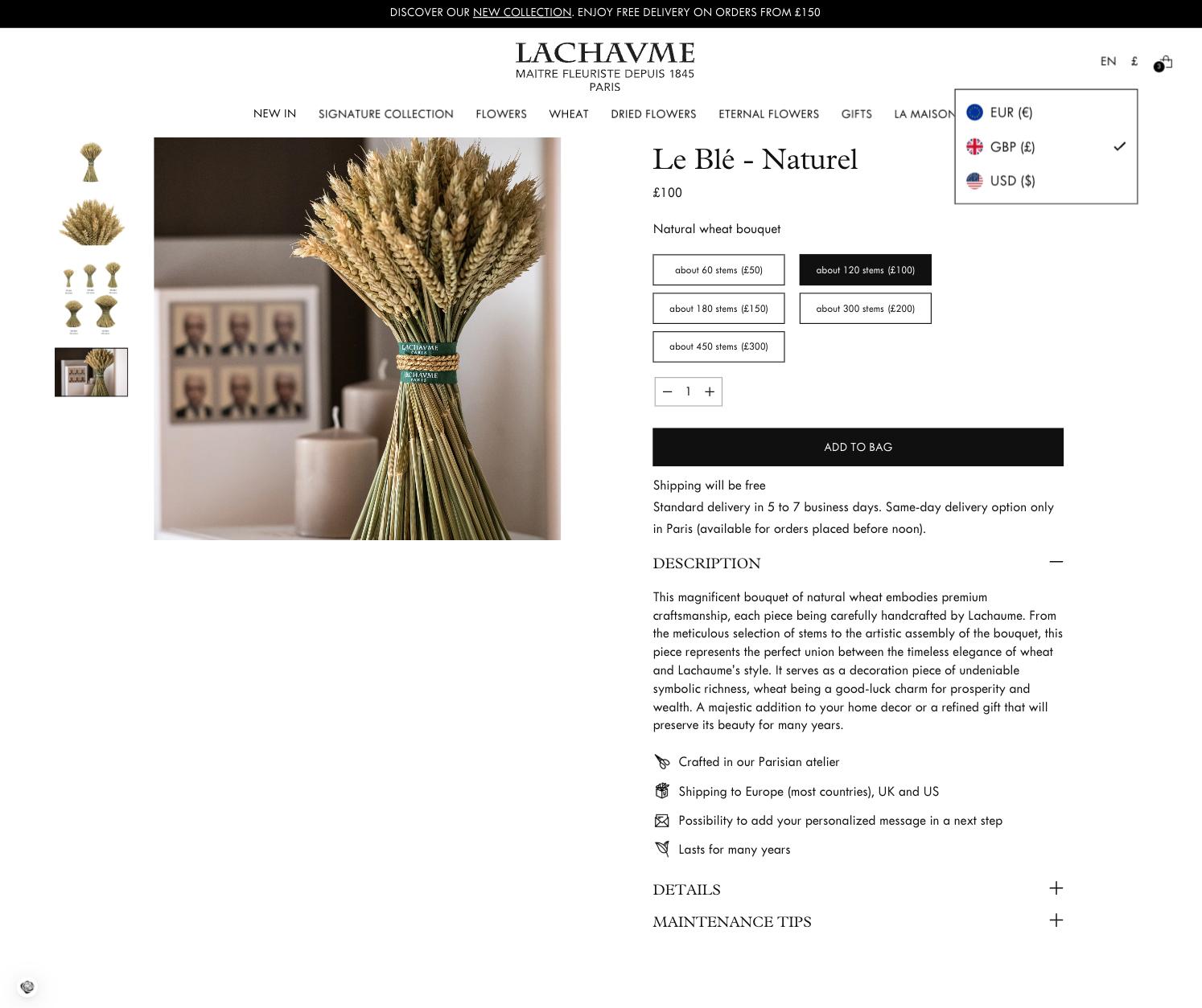A Lachaume product page for a natural wheat bouquet, with the currency selector open