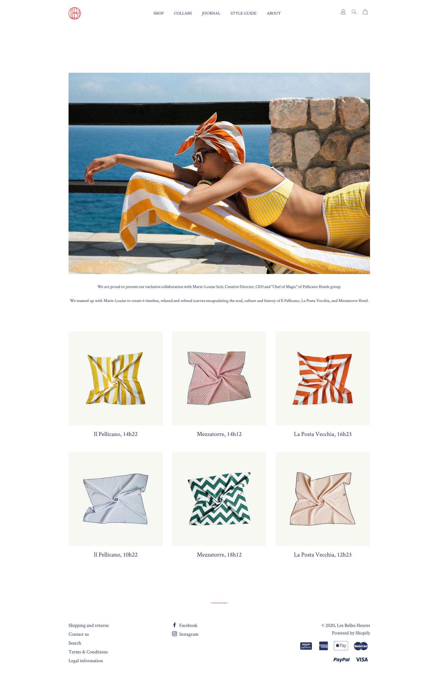 The Les Belles Heures collaborations page — a model poolside wearing a printed silk scarf as a headwrap, above a grid of six scarf designs