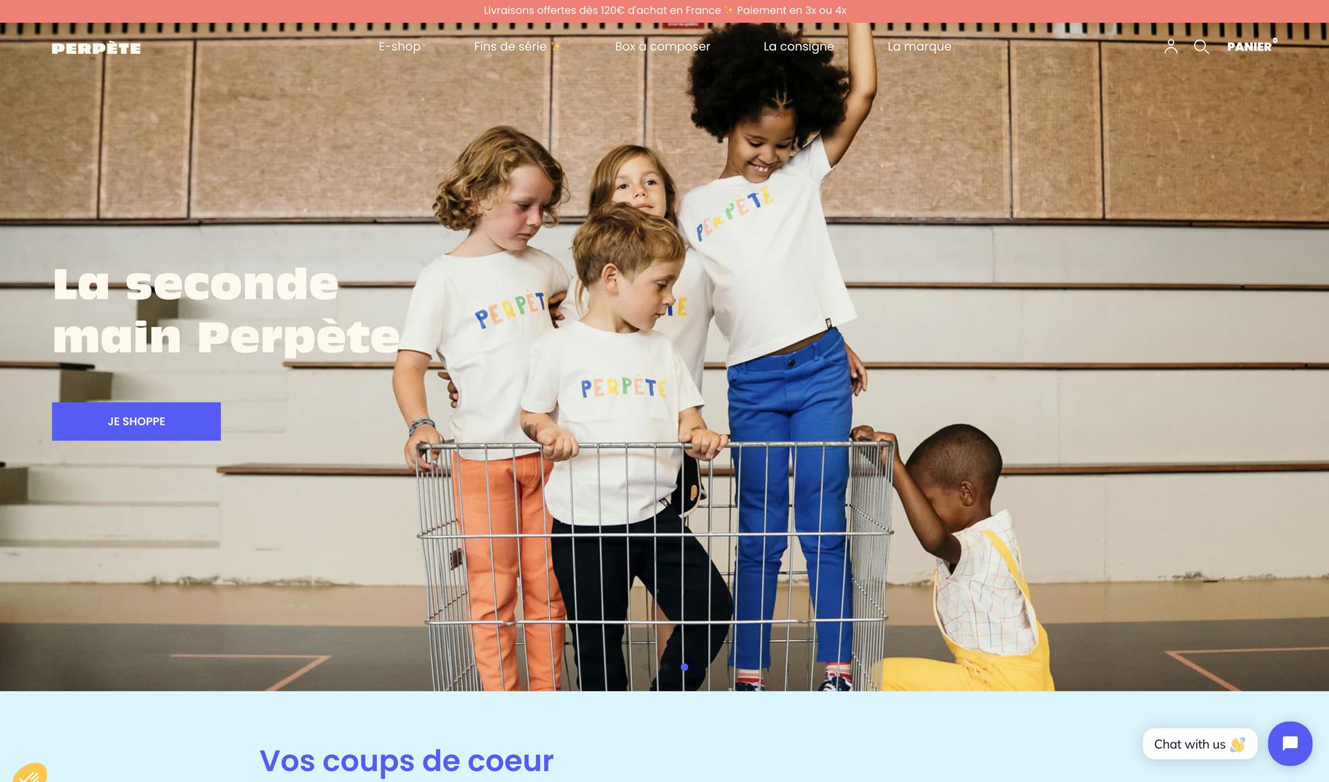 The Perpète homepage, headlined “La seconde main Perpète”, with children in a shopping trolley wearing the brand's sweatshirts