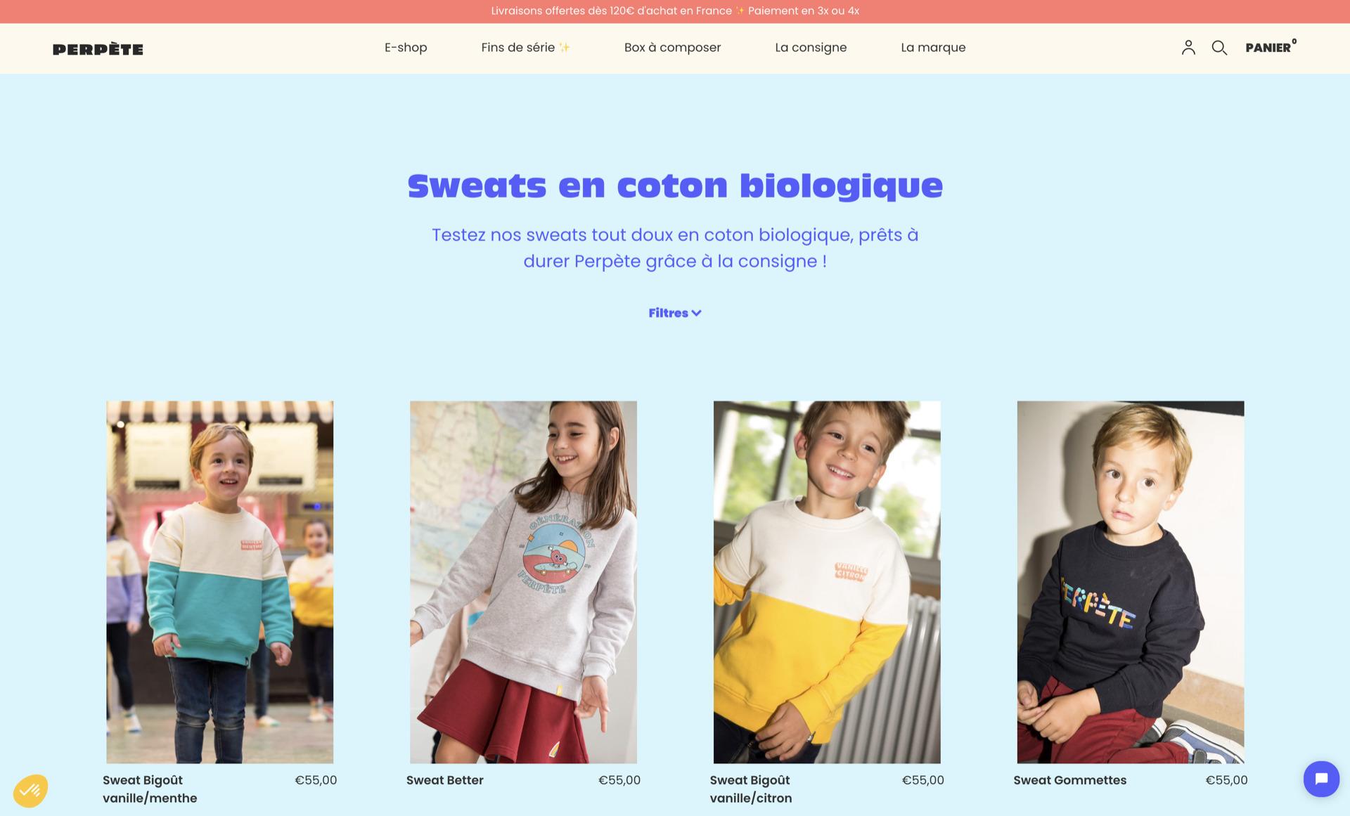 The Perpète listing page for organic cotton sweatshirts — a row of four children's sweatshirts with names and prices