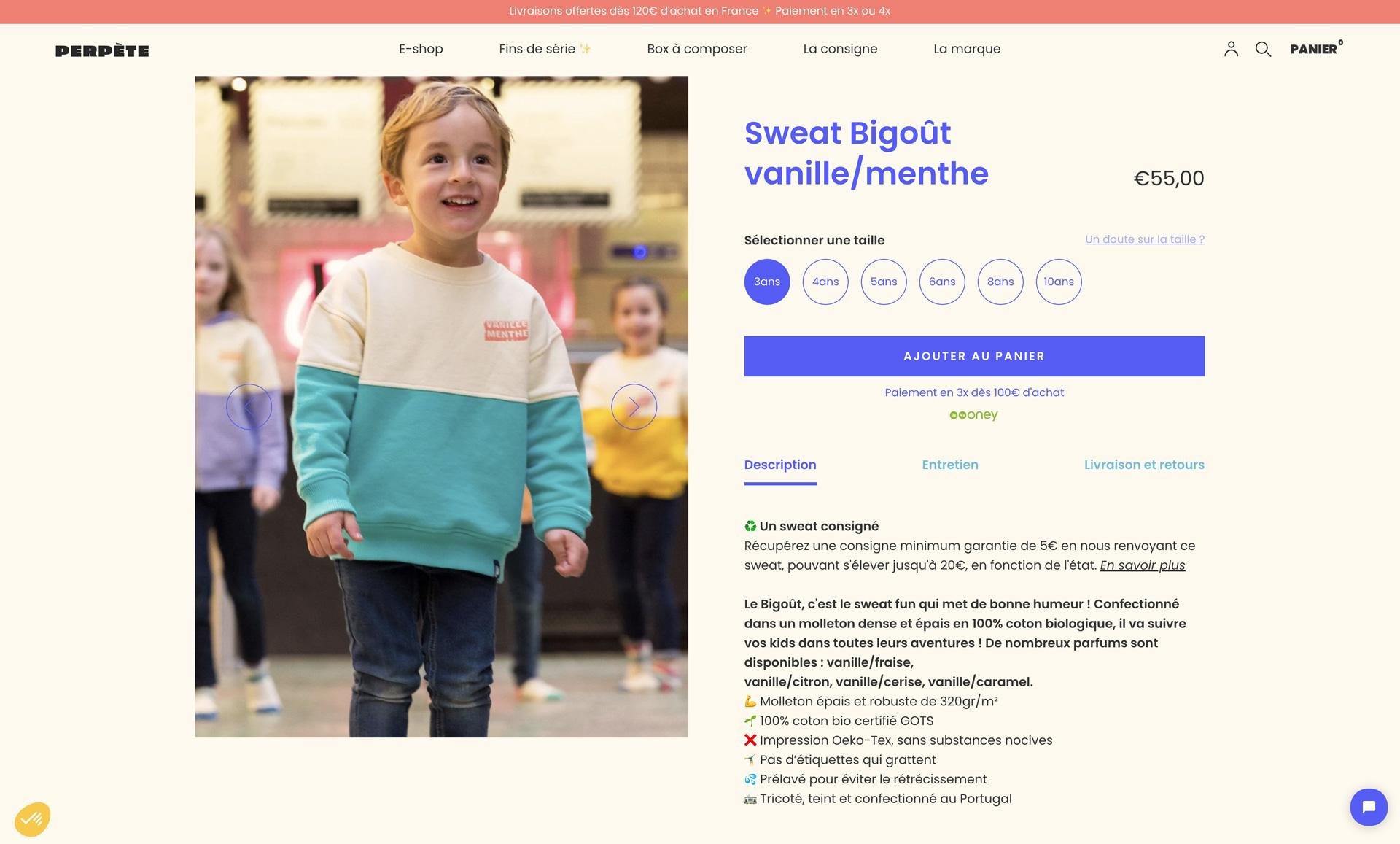The Perpète product page for the Sweat Bigoût, with size options, price and the deposit-return scheme explained