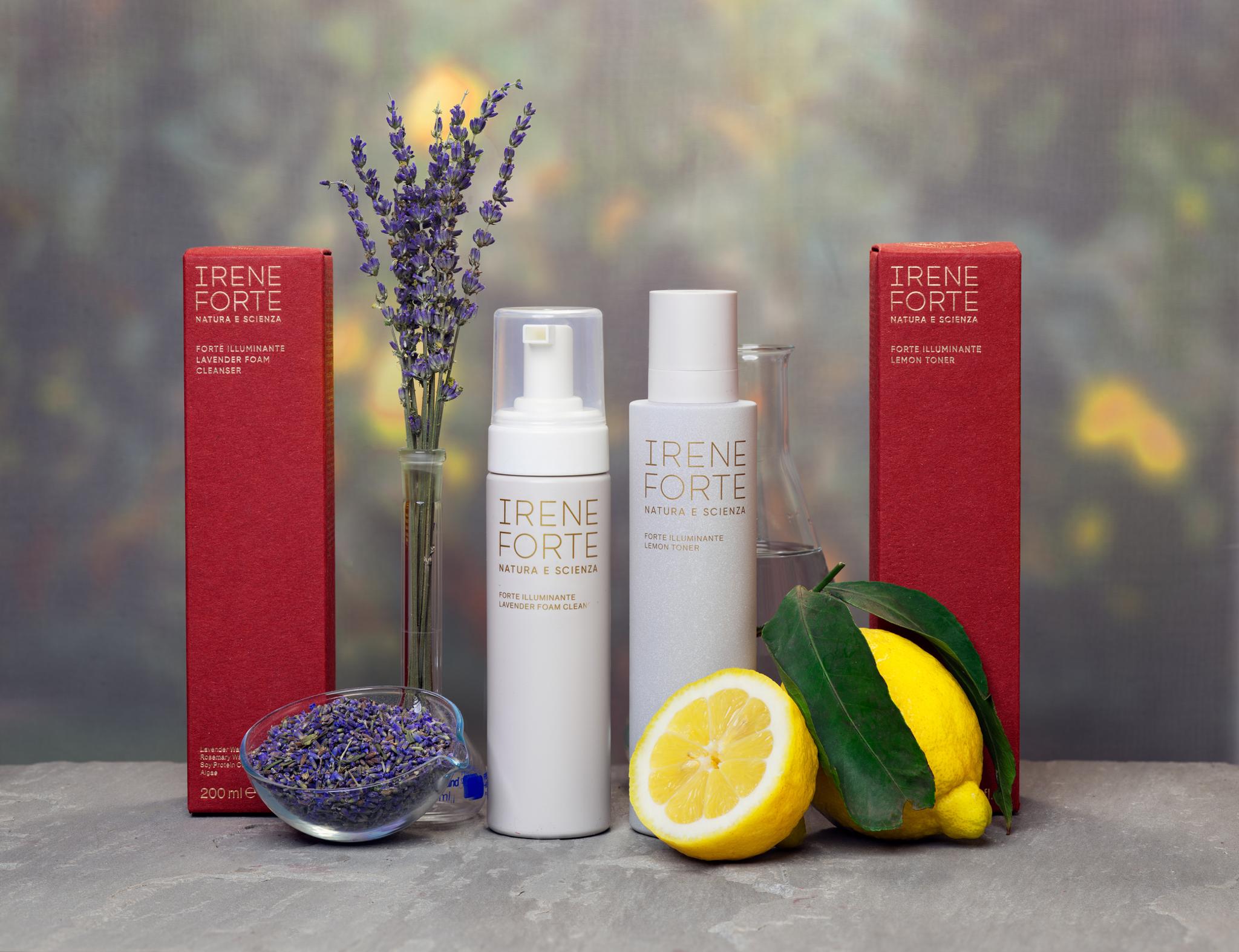Irene Forte cleanser bottles and boxes styled with lavender and lemons