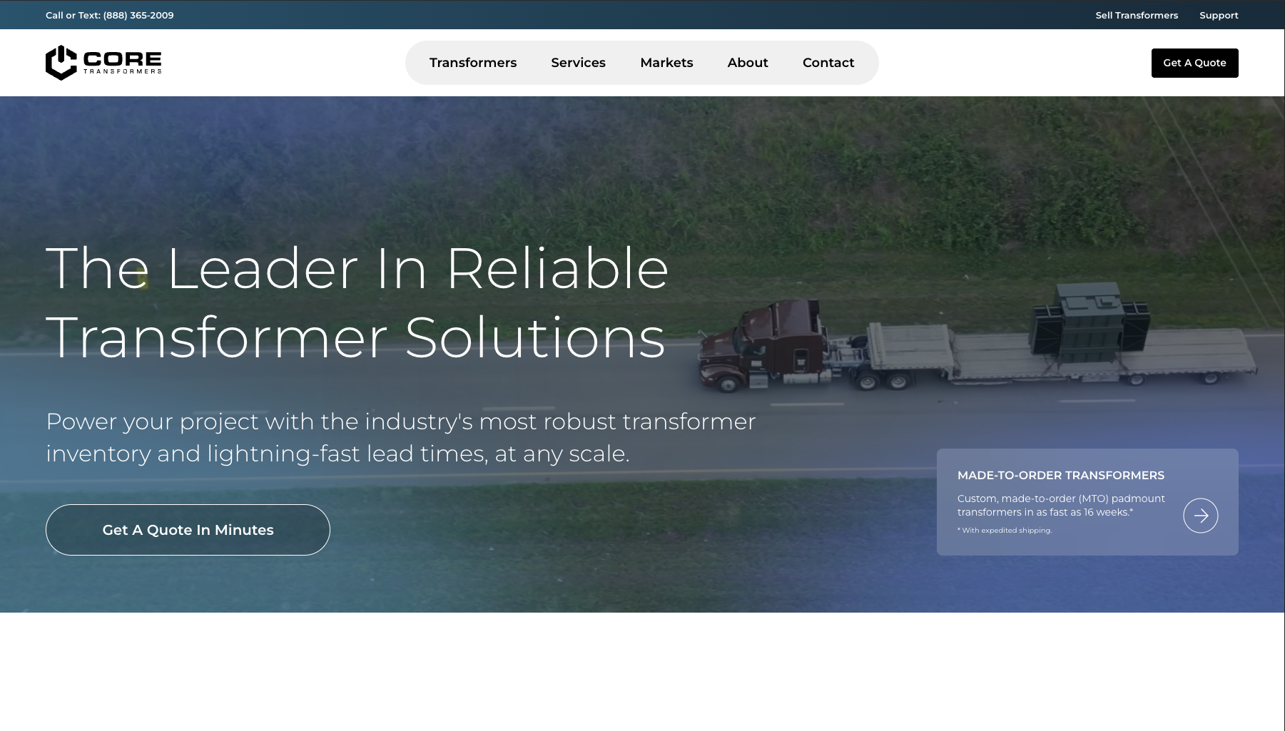 The CORE Transformers homepage, with a Get A Quote button over footage of a transformer on a truck