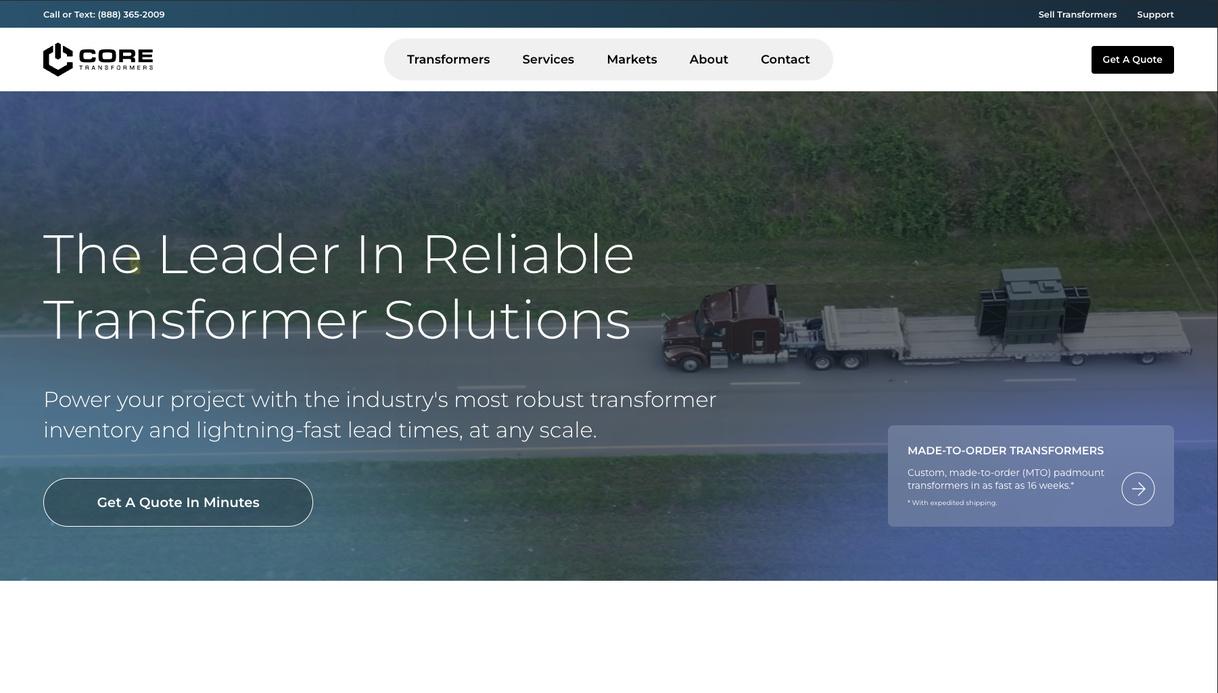 The CORE Transformers homepage, with a Get A Quote button over footage of a transformer on a truck